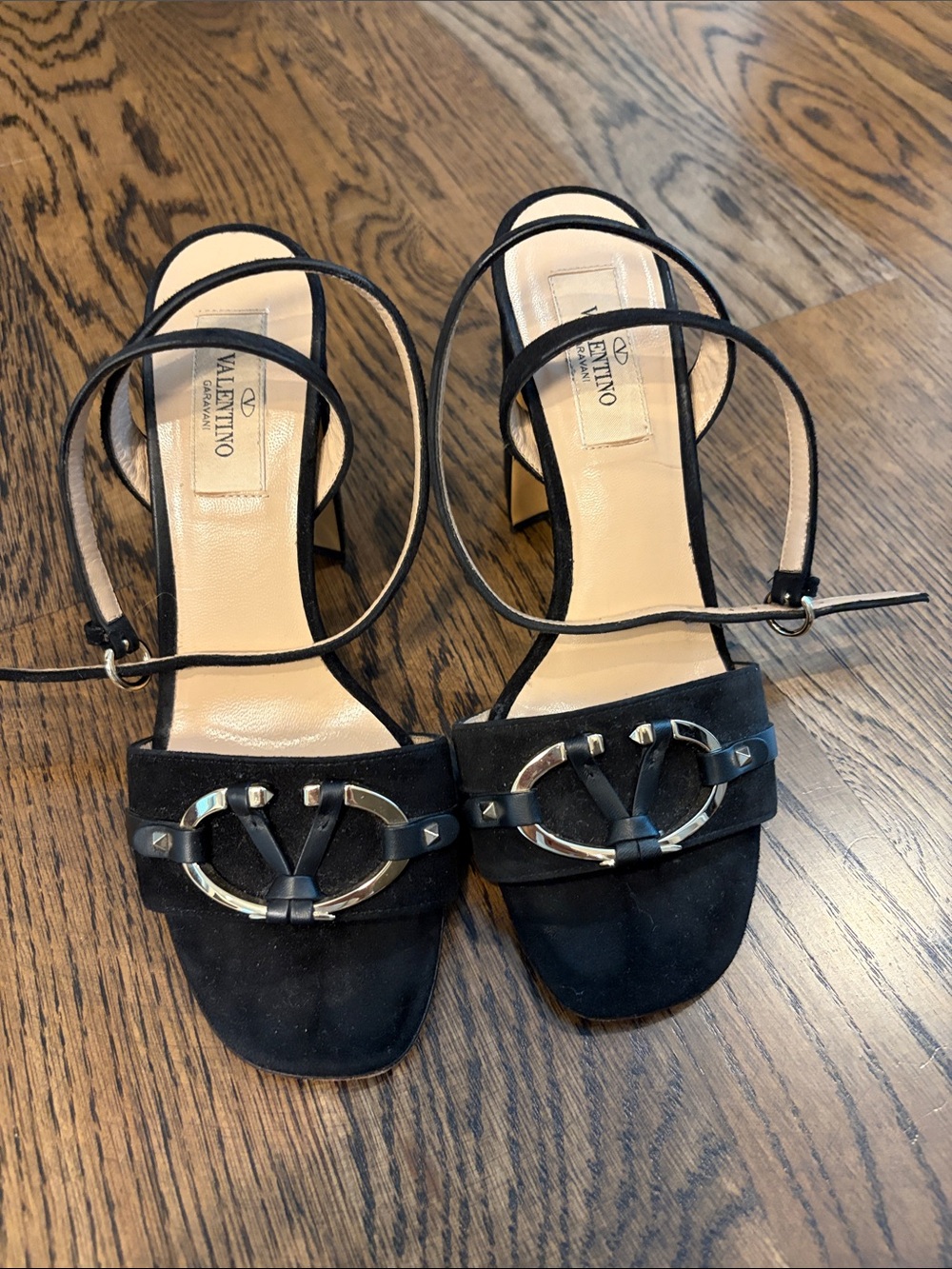 Valentino Black Suede Anklet Strap Heels with Logo Ring